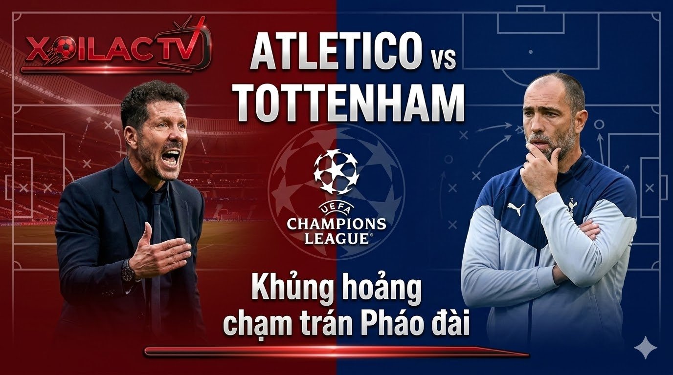 Ảnh đại diện preview trận Atletico Madrid vs Tottenham Hotspur trên Xoilac TV: Đối đầu HLV Diego Simeone và Igor Tudor, logo vòng 1/8 Champions League.