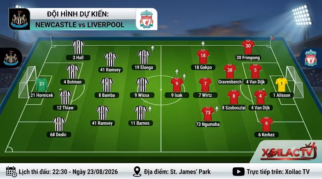 Sơ đồ chiến thuật và đội hình dự kiến trận Newcastle vs Liverpool. Phân tích chi tiết góc nhìn đầu tư và soi kèo bóng đá tại Xoilac TV.