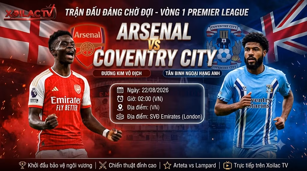 Ảnh poster nhận định, soi kèo trận đấu Arsenal vs Coventry City lúc 02h00 ngày 22/08/2026 vòng 1 Ngoại hạng Anh cập nhật tại Xoilac TV.