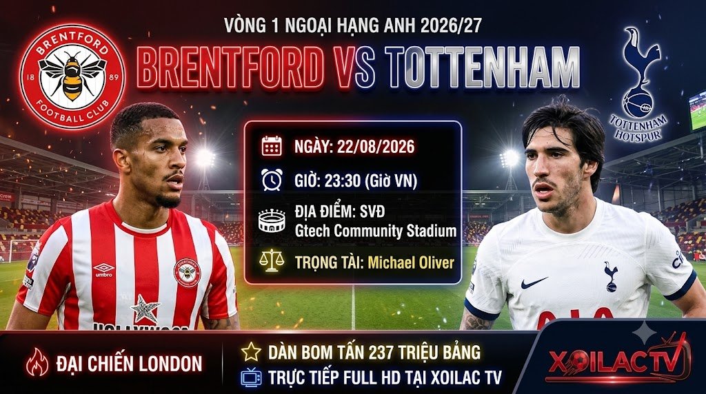 Ảnh bìa nhận định bóng đá, soi kèo trận đấu giữa Brentford vs Tottenham lúc 23h30 ngày 22/08 vòng 1 Ngoại Hạng Anh trên nền tảng Xoilac TV.