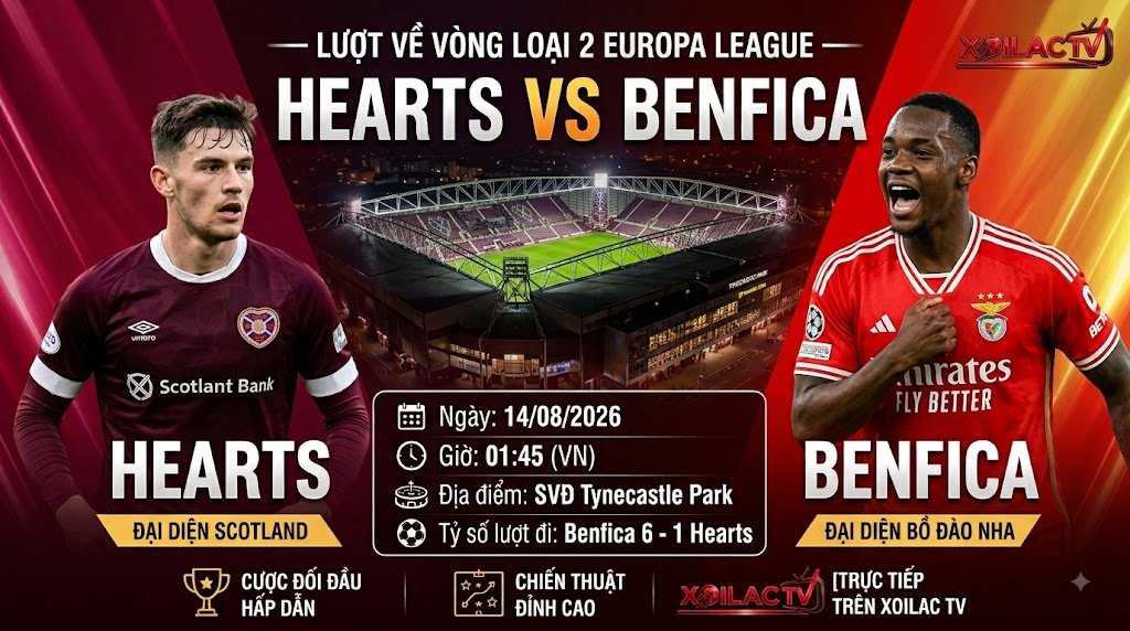 Nhận định Hearts vs Benfica 01h45 ngày 14/08/2026 vòng loại Europa League - Xoilac TV