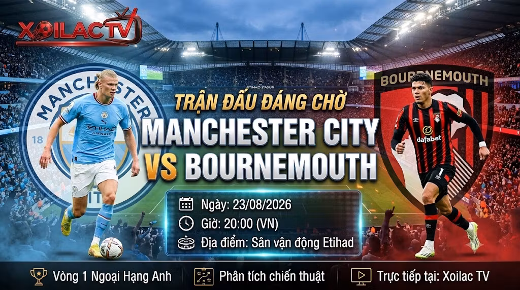 Nhận định, soi kèo trận đấu Man City vs Bournemouth 20h00 ngày 23/08/2026 vòng 1 Ngoại Hạng Anh trên Xoilac TV.