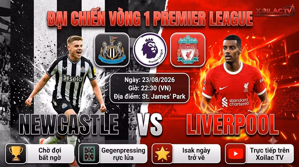 Nhận định trực tiếp trận đấu Newcastle vs Liverpool vòng 1 Ngoại Hạng Anh siêu mượt, không giật lag trên hệ thống Xoilac TV.