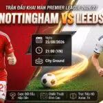 Nhận định soi kèo trận đấu Nottingham vs Leeds lúc 21h00 ngày 22/08/2026 vòng 1 Ngoại hạng Anh trên Xoilac TV.