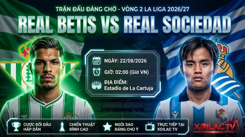 Ảnh bìa nhận định bóng đá, soi kèo trận đấu giữa Real Betis vs Real Sociedad lúc 02h00 ngày 22/08 vòng 2 La Liga trên nền tảng Xoilac TV.
