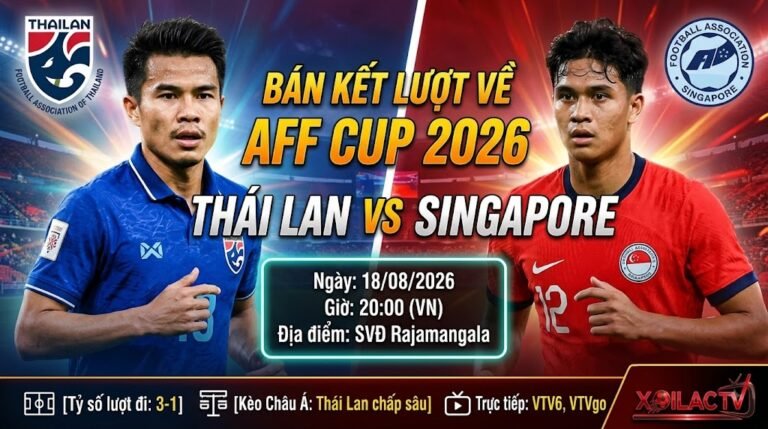 Ảnh bìa nhận định trận đấu giữa Thái Lan vs Singapore, bán kết lượt về AFF Cup 2026, soi kèo trực tiếp bóng đá trên Xoilac TV.