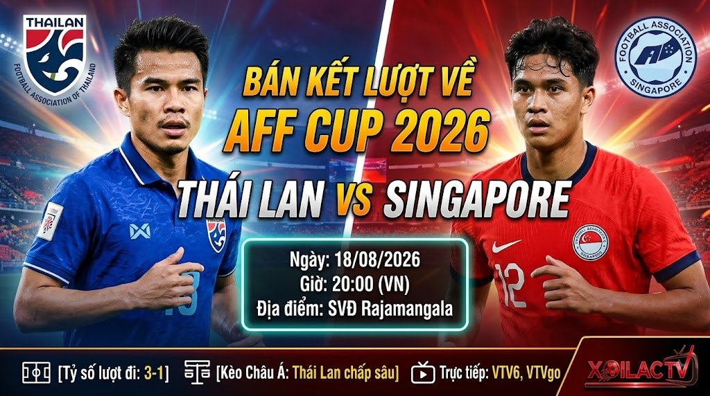 Ảnh bìa nhận định trận đấu giữa Thái Lan vs Singapore, bán kết lượt về AFF Cup 2026, soi kèo trực tiếp bóng đá trên Xoilac TV.