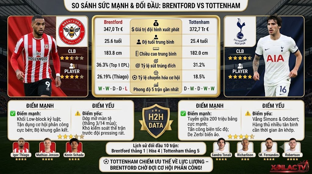 Infographic so sánh sức mạnh, thống kê phong độ và phân tích lịch sử đối đầu giữa Brentford vs Tottenham giúp người hâm mộ có góc nhìn đầu tư chuẩn xác.